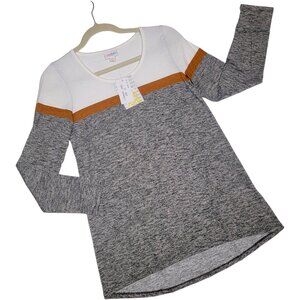 LuLaRoe Lynnae T XXS Colorblock Gray White Rust Long Sleeve Tee Shirt Scoop Neck